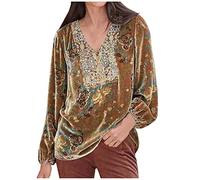 Velvet Tops Plus Size Elegant Long Sleeve Shirts Women Retro Floral Print Blouse Lantern Sleeve Oversized Tunic Top Elegant Velour Ree Shirt French Blouse Party Work Swing Style Tops Yellow