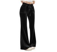 Velvet Trousers for Women UK Elastic Waist Wide Leg Trousers Black Palazzo Pull on Trousers Drawstring Stretchy Yoga Pants Evening Party Pants Velvet Solid Retro Long Lounge Pants with Pocket