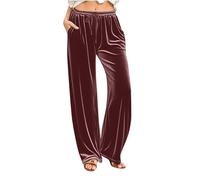 Velvet Trousers Womens Elasticated Waist Trousers Solid Color Casual Loose Long Pants Ladies Palazzo Wide Leg Bottoms Soft Comfy Stretch Office Leisure Trouser with Pockets Wine