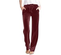 Velvet Trousers Womens Straight Leg Drawstring Elasticated Waist Trousers Solid Color Lounge Long Pants Comfy Loose Casual Walking Pants Full Length Bottoms with Pockets Wine