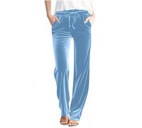 Velvet Trousers Womens Straight Leg Drawstring Elasticated Waist Trousers Solid Color Lounge Long Pants Comfy Loose Casual Walking Pants Full Length Bottoms with Pockets