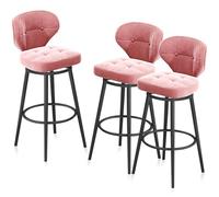 Velvet Upholstered Barstools Set of 3, Modern Kitchen Stools, Tall Bar Stools with Back Metal Legs & Footrest for Kitchen Island Dining Room Pub Home Bar, Pink,65cm