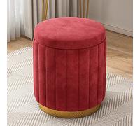 Velvet Vanity Stool with Storage, Round Ottoman, Comfort Upholstered Foot Rest, Bedroom Makeup Stool for Girls Room - Red, 34x34x44cm(13x13x17inch)
