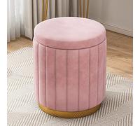 Velvet Vanity Stool with Storage, Round Ottoman, Comfort Upholstered Foot Rest, Bedroom Makeup Stool for Girls Room - Pink, 34x34x44cm(13x13x17inch)