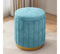 Velvet Vanity Stool with Storage, Round Ottoman, Comfort Upholstered Foot Rest, Bedroom Makeup Stool for Girls' Room - Blue, 34x34x44cm (13x13x17inch)