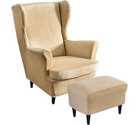 Velvet Wingback Chair Slipcover and Footstool Cover Stretch 2 Pieces Wing Chair Cover Set Ottoman Slipcover and 1 Piece Rectangle Storage Stool Cover Armchair Covers with Elastic Bottom ( Color : #3 )