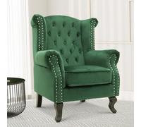 Velvet Wingback Fireside Chair Armchair With Buttons Emerald Green
