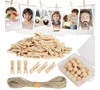 VelvetGlow 100 Pcs Wooden Clothespins For Photo Hanging Display, Mini Clothes Pins With String, Photo Display Hanging Clips For Crafts Pictures Photos Home Birthday Wedding Party Decoration