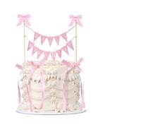 VelvetGlow 11 Pcs Bow Ribbon Cake Topper Set, Happy Birthday Bunting With Wood Pole, Handmade Pennant Flags For Birthday And Bridal Party Decoration, Pink