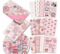 VelvetGlow 12PCS Inserts Cardstock for E-Reader Clear Case with 50PCS Scrapbook Stickers for Insert, 6.9"x4.8" Pink Bow Theme Back Cover Accessories for Paper White 11th-12th, Gifts for Booklovers