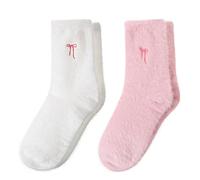 VelvetGlow 2 Pairs Fuzzy Socks For Women Thick Fluffy Socks With Bows Soft Slipper Sock Spa Home Sleeping Coquette Stuff
