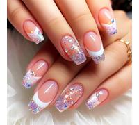 VelvetGlow 24 Pcs Press On Nails French Tips Shiny Purple Glitter Medium Coffin False Nail Rhinestones Acrylic Full Cover Faux Nails Curve Gel Adhesive for Holiday Manicure Art