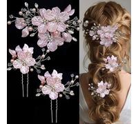 VelvetGlow 3 Pcs Large Flower Bridal Wedding Hair Pins Crystal Pearl Hair Clips Headpiece Bride Hair Accessories Jewelry with Rhinestone, Glitter Emboss Pink Flower