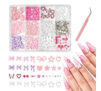 VelvetGlow 3D Mixed Nail Charms and Gems, Include 12 Styles Colorful Bow Flower Pearl Heart Star Nail Art Studs with Tweezer and Embellishment Tool for Manicure Design Supplies DIY Crafts Decoration