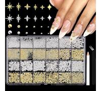 VelvetGlow 3D Star Nail Charms, Gold & Silver Multi-Shapes Metal Nail Art Gems and Small Round Caviar Beads Jewels Nail Rhinestones Accessories Tweezers Wax Pencils for Women DIY Manicure