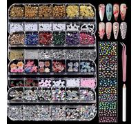 VelvetGlow 4 Boxes Nail Charms And Gems Set, Nail Rhinestones Nail Kit, Nail Gems Nail Design Tools With 10Pcs Nail Stickers, Gold Nail Pearls For Women Nail Decorations