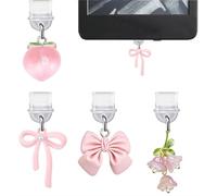 VelvetGlow 4Pcs Charms For Kindle, Pink Bow Dust Plug Charm Compatible With E-Reader, Phone, Ipad With Type C/Usb C Charging Port-Cp001