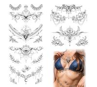 VelvetGlow 6 Sheets Large Black Flower Chest Underboob Temporary Tattoos For Women and Waist Back Fake Tattoos For Girl Adults, Realistic Mandala Flower Branch Tattoo Stickers Body Art