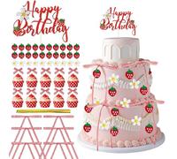 VelvetGlow 71pcs Strawberry Bow Cake Decorations, Happy Birthday Strawberry Cake Topper and Cupcake, Bow Decorations for Baby Shower Bridal Shower Graduation