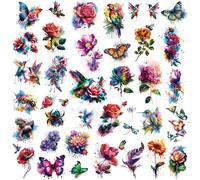 VelvetGlow Aquarell Blume Schmetterling Kolibri, 14 Sheets 3D Temporary Tattoos for Women Girls, Fake Tattoo Stickers Waterproof Body Art for Adults