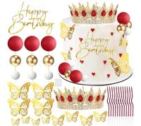 VelvetGlow Crown Cake Topper, Balls Happy Birthday Cake Topper Red Crown Birthday Candles Gold Butterflies, Corona Para Pastel, Cake Decorations for Birthday Wedding (Gold, Red)