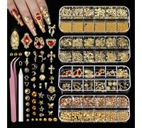 VelvetGlow Gold Nail Charms And Gems Set, 4 Boxes Nail Gems Nail Beads Nail Art Tools, 3D Cross Nail Charms Heart Nail Gems, Charms For Nail Art Kit
