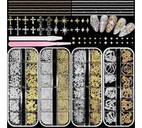 VelvetGlow Gold Silver Caviar Nail Beads, 3D Starburst Chain Cross Nail Charms, Alloy Star Cross Studs Nail Art Kit for Manicure Supplies Nails DIY Crafts Accessories