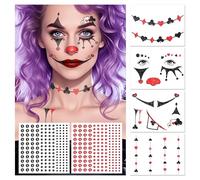 VelvetGlow Halloween Decorations, Clown Face Makeup Temporary Tattoos+Black Red Faces Gems, Glitter Clown Face Paint Kit Halloween Costumes Rave Party Favors, Festival Cosplay Outfits Accessories
