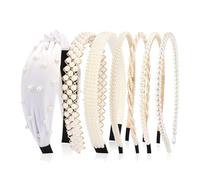 VelvetGlow Headbands for Women 7 Pcs Different Pearl Fashion Knotted Solid Head Bands Pearl Headband Non Slip Thin Hair Band for Womens Gilrs Thick Short Hair Face Wash Hair Accessories