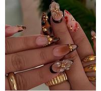 VelvetGlow Medium Almond 3D Press On Nails, Brown Gold Flowers And Leopard French Tips, 24 Pcs Semi Handmade Gradient Design, Acrylic False Nails For Women