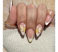 VelvetGlow Medium Almond Press-On Nails With Yellow And White Floral Motifs And Glossy Finish, White Bow Pattern, Cute Flower Adhesive Nails For Women And Girls, 24pcs