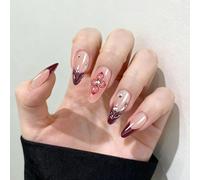 VelvetGlow Red French Tip Press On Nails, Medium Almond Shape, 3D Flower Design, Glossy Full Cover Acrylic False Nail Tips For Women, Perfect For Manicure Decorations