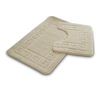 VELVETIO Bath Mat Set 2 Piece Machine Washable for Bathroom, Jacquard Greek Non Slip Quick Dry Shower Rugs & Bathtub Mats, Highly Water Absorbent 100% Polypropylene Toilet Rug Sets, Cream