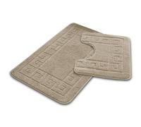 VELVETIO Bath Mat Set 2 Piece Machine Washable for Bathroom, Jacquard Greek Non Slip Quick Dry Shower Rugs & Bathtub Mats, Highly Water Absorbent 100% Polypropylene Toilet Rug Sets, Mocha