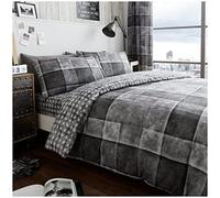 VELVETIO Denim Check Beddings Duvet Cover and Pillowcase, Soft Reversible Tartan Checked Quilt, Breathable Printed Blocks Checkered Lightweight Bed linen Comforter Set, Single Size, Grey