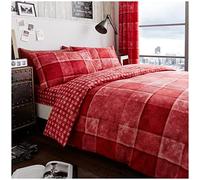 VELVETIO Denim Check Beddings Duvet Cover and Pillowcases, Soft Reversible Tartan Checked Quilt, Breathable Printed Blocks Checkered Lightweight Bed linen Comforter Set, King Size, Red
