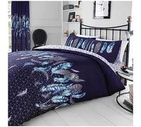 VELVETIO Easy Care Feathers - Double Size Duvet Covers with Matching Pillowcases, Comfy Reversible Geometric Bedding Set, Soft Poly cotton Bed Linen Hypoallergenic, Navy