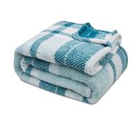 VELVETIO Fluffy Tartan Check Throw 130 x 180cm, Extra Large Teddy Fleece Sofa Settee Bed Blanket, Soft & Cosy Thermal Warm Checkered Travel Throws, Green