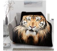VELVETIO Luxurious 3D Tiger Face Brown Fleece Throw, Ultra Soft Animal Print Sofa Bed Blankets, Extra Large Cuddly & Fluffy Blanket For Settee, 150 x 200cm