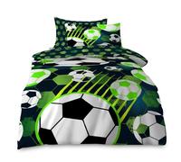 VELVETIO Luxury Kids Duvet Cover Set & Pillowcase, Boys & Girls Printed Football Bedding Quilt Single, Super Soft Reversible Soccer Comforter Bedset, Green