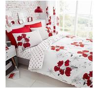 VELVETIO Poppy Flower Duvet Cover Set, Blossom Floral Bedding Sets with Pillow case, Soft Poly Cotton Reversible Polka Dot Quilt Coverlet, Single Size Bedset, Red