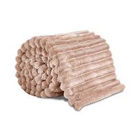 VELVETIO Super Soft Osum Ribbed Throw Double (150 x 200cm), Thermal Warm & Cosy Fluffy Fleece Stripe Blankets, Extra Large Thick Blanket for Sofa Bed, Mink