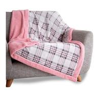 VELVETIO Tartan Check Throw for Sofa Bed 130 x 180cm, Thermal Warm Large Teddy Fleece Couch Blanket, Ultra Soft Lightweight Fluffy Armchair Throws, Grey/Pink
