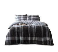 VELVETIO Teddy Fleece Check Duvet Cover Set with Pillowcase, Comfy Soft Winter Tartan Bedding Bedset, Thermal Warm Reversible Coverlet, Single Size, Grey/Charcoal