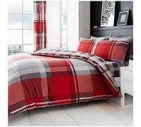 VELVETIO Waverly Check Duvet Set with Matching Pillowcases, Easy Care Reversible Polycotton Checked Bedding Hypoallergenic Checkered Quilt Cover, Double Size, Red