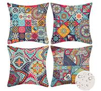 Velvhom 4 Pack Decorative Cushion Covers 40x 40cm Hippie Boho Floral Outdoor Pillow Cases Waterproof Cotton Linen Square Throw Pillow Covers for Sofa Outdoor Indoor Home Decor 16x16inch