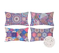 Velvhom Outdoor Cushion Cover Set of 4 Bohemia Mandala Flower Pattern Throw Pillow Cover Waterproof Hippie Rectangle Pillow Case 12 X 20 Inches for Patio Garden Bench Couch Car,30cm x 50cm