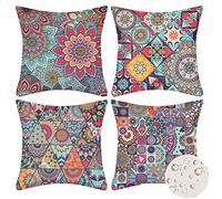 Velvhom Set of 4 Mandala Cushion Covers 16x16 Inch Cotton Linen Throw Pillowcases Outdoor Square Decorative 40 x 40 cm Waterproof Boho Pillow Cases for Farmhouse Garden Patio Floral Outdoor Cushions