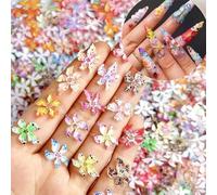 Velvoria 60 Pieces Flower Nail Art Charms, 3D Hawaiian Flowers, Nail Rhinestones, Hibiscus Flowers, Nail Gems, Colourful Flower Nail Diamonds, Tiny Flowers, Nail Design
