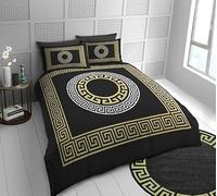 VELVRA Luxury Greek Key Pattern Microfibre Duvet Cover Set | Soft, Breathable, Easy Care Bedding | Double & King Size Quilt Cover with Matching Pillowcases (Black and Gold, Double)